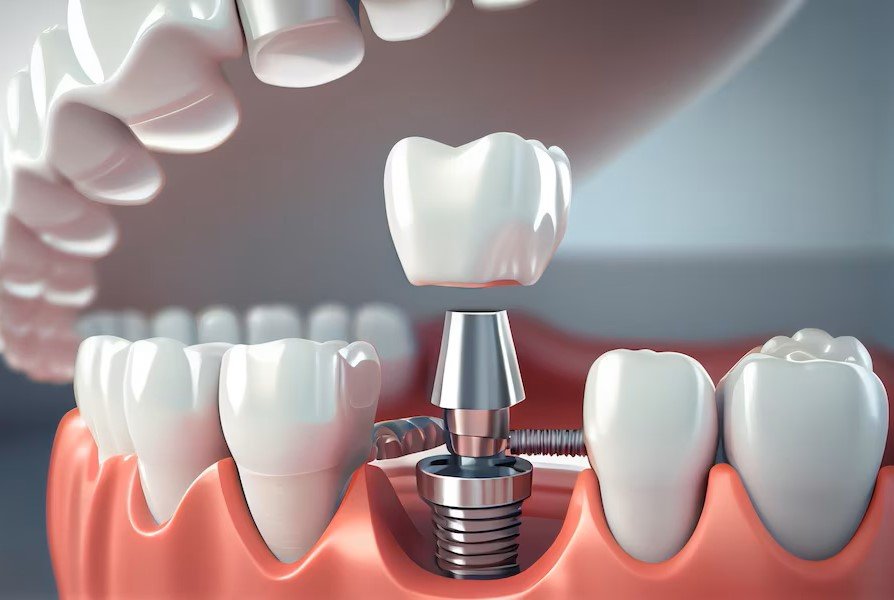 Dental implant with a dental crown being placed in a model of a mouth, illustrating restorative dentistry options at Harborside Dental, Gloucester, MA.