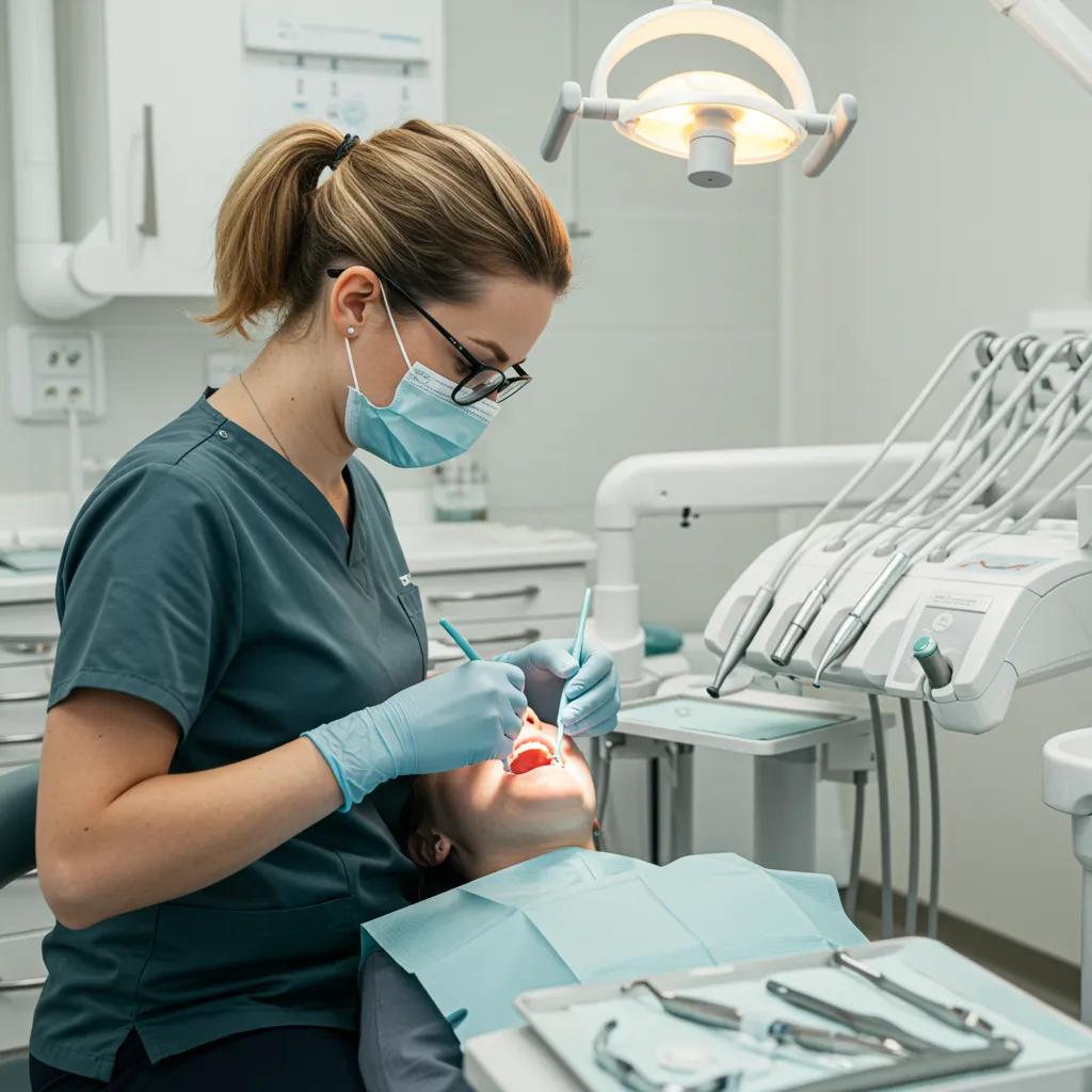 Dental hygienist performing a teeth cleaning procedure in a modern clinic