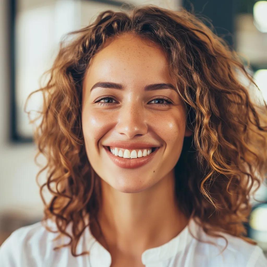 Smiling woman with curly hair showcasing a confident smile, emphasizing the benefits of dental implants and restorative dentistry.