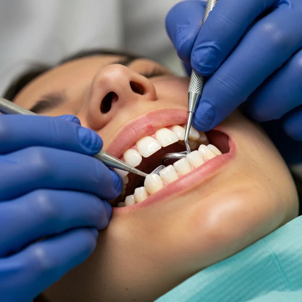 Dental professional performing routine cleaning with tools on patient’s teeth, showcasing healthy white enamel and dental hygiene practices.