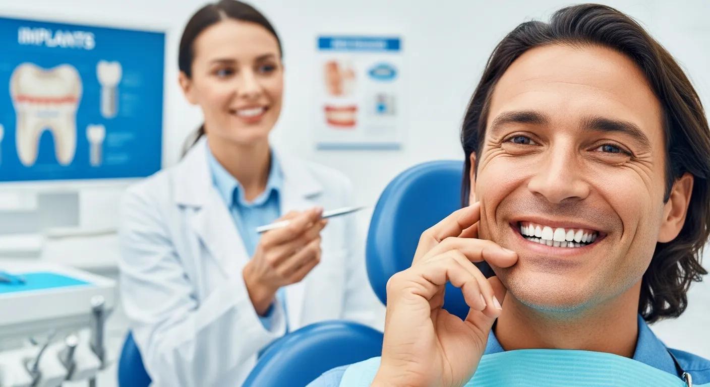 Smiling man in dental chair with dental professional discussing dental implants, educational chart in background illustrating implant types and procedures.