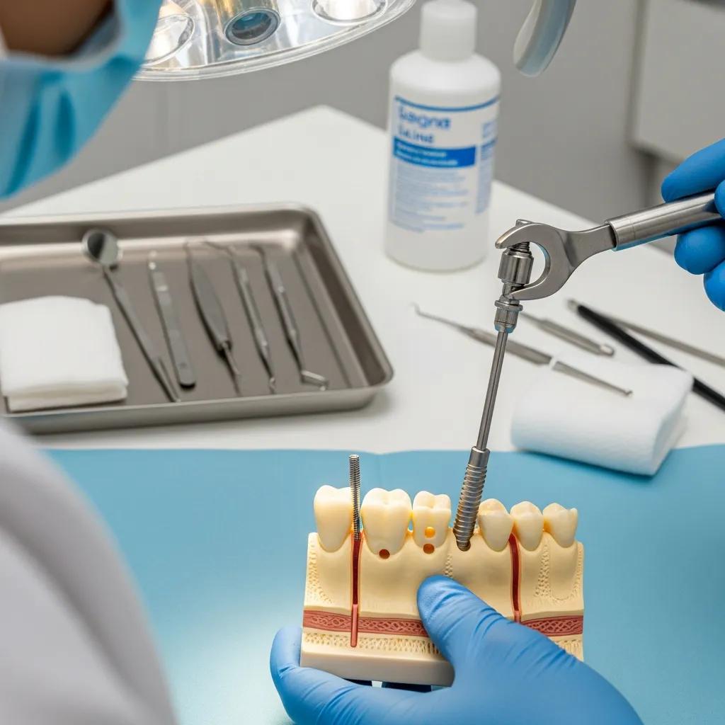 Dental professional demonstrating endosteal implant procedure on jawbone model