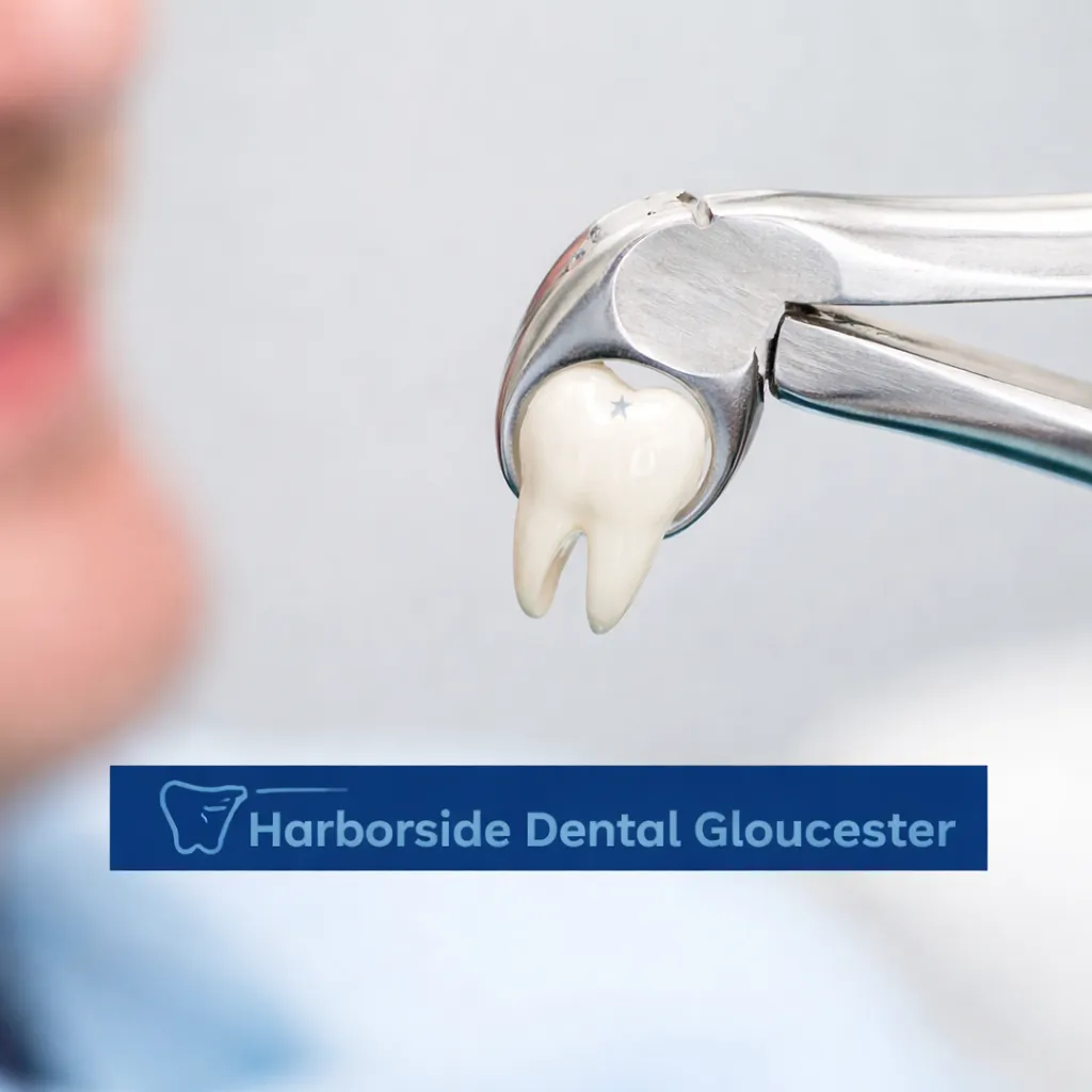 Wisdom tooth extraction tool holding extracted tooth, featuring Harborside Dental logo, relevant to post-operative care after wisdom tooth removal.