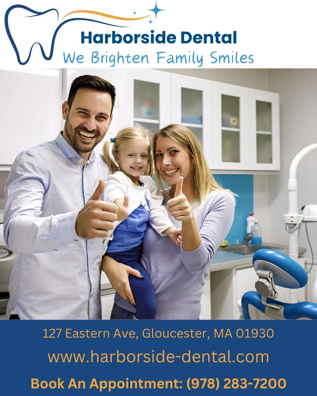 Family dentist team at Harborside Dental giving thumbs up with child in dental office, emphasizing family-friendly dental care in Gloucester, MA.