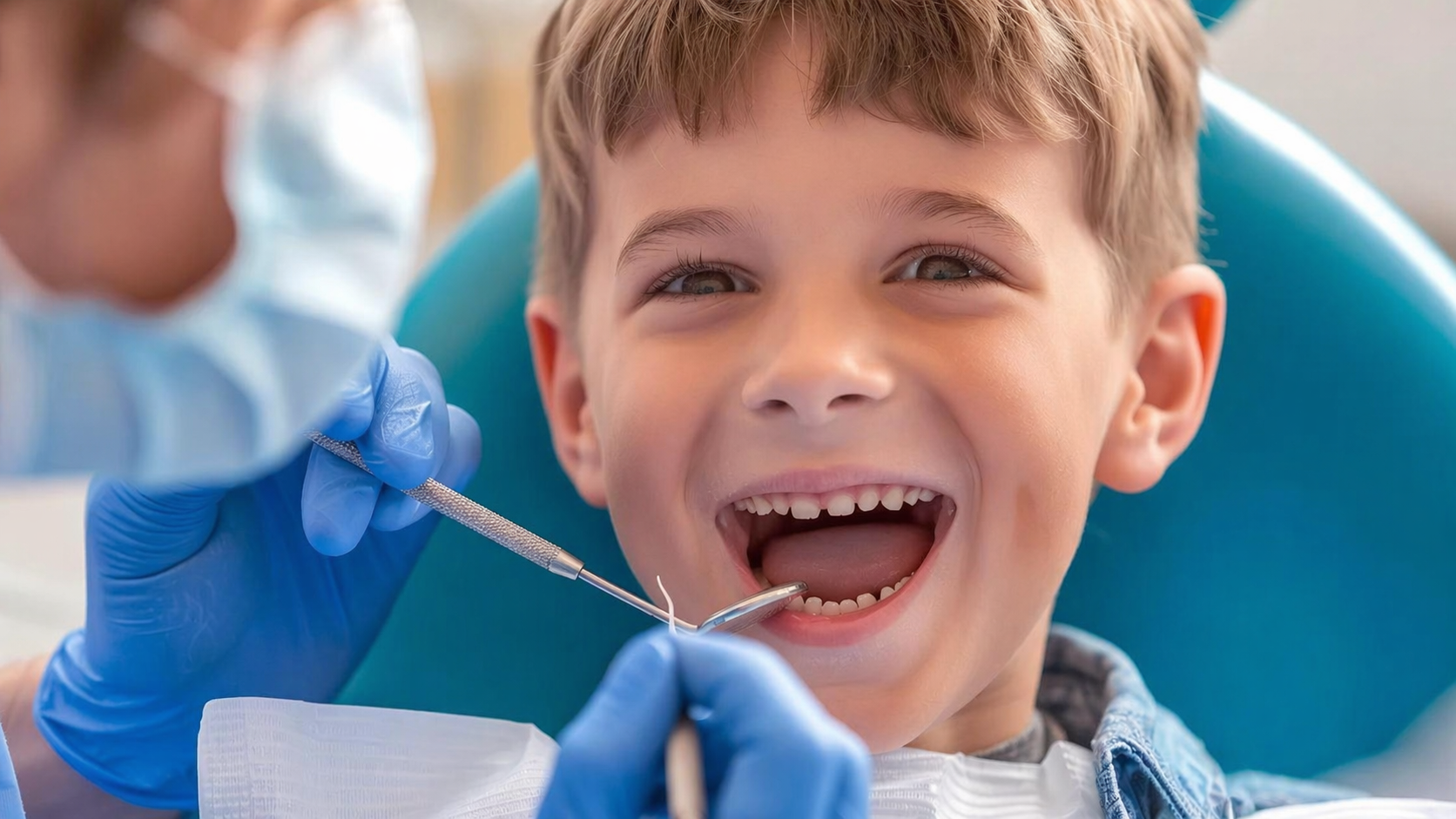 Smiling boy during routine kids dental exam and check-up at pediatric dentist
