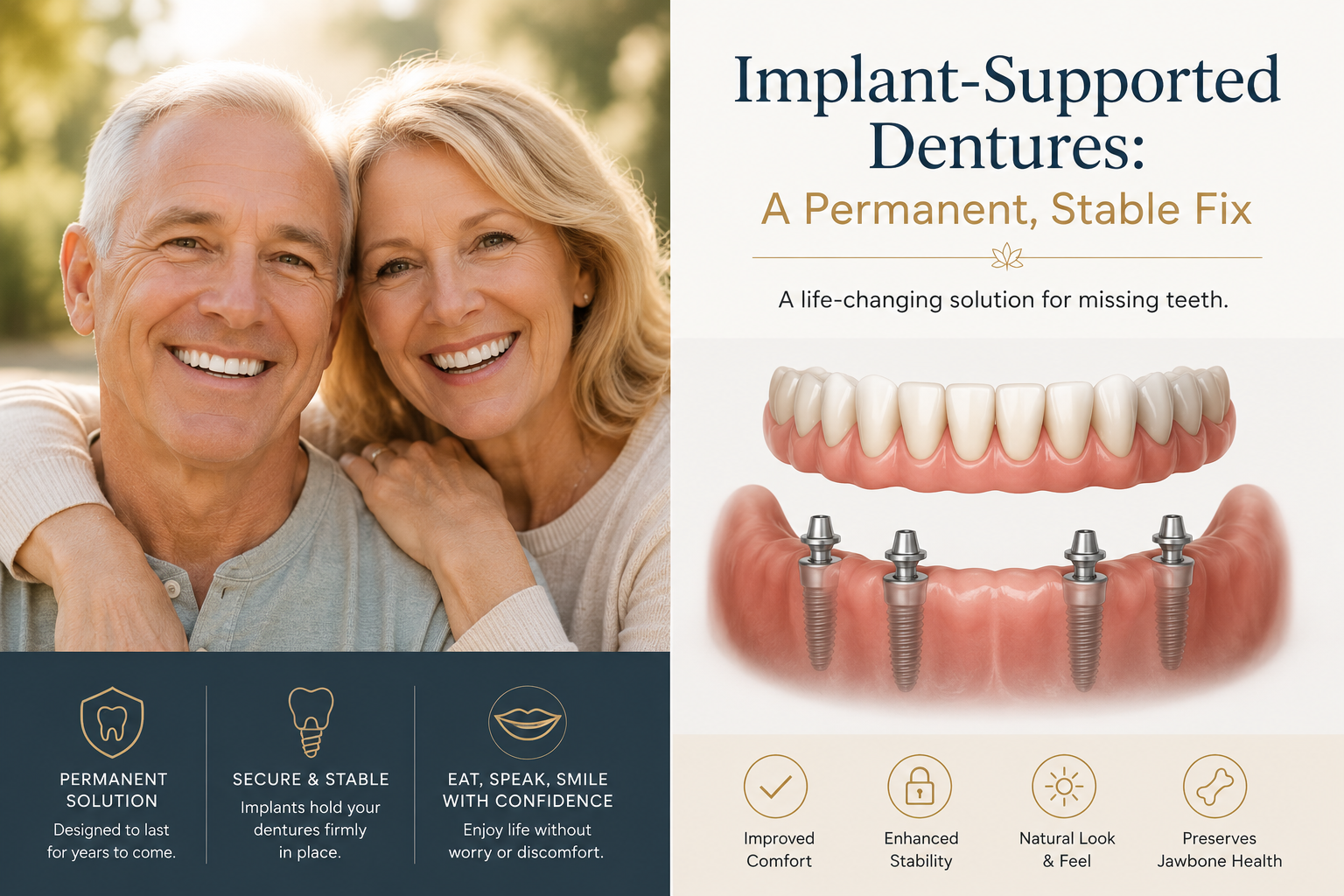 Illustration of implant-supported dentures alongside a smiling patient couple, demonstrating a long-lasting tooth replacement option that offers enhanced stability, comfort, and a natural-looking smile