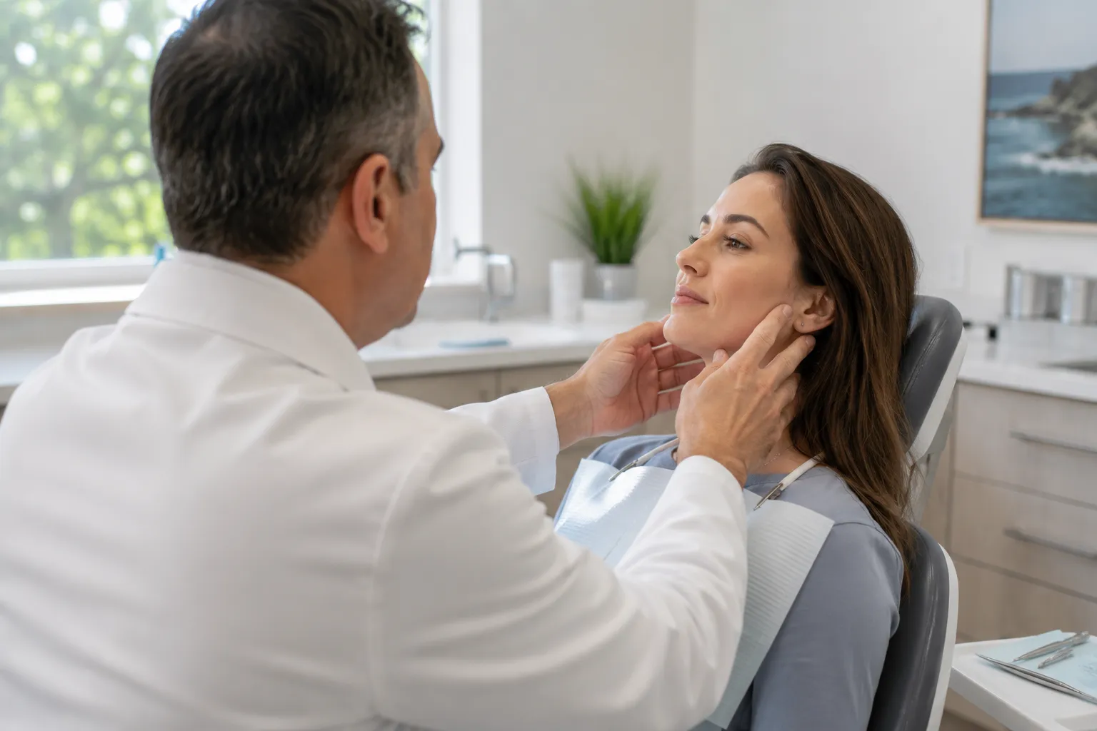 Dentist gently examining a patient's jaw during a TMJ evaluation in a modern dental office.