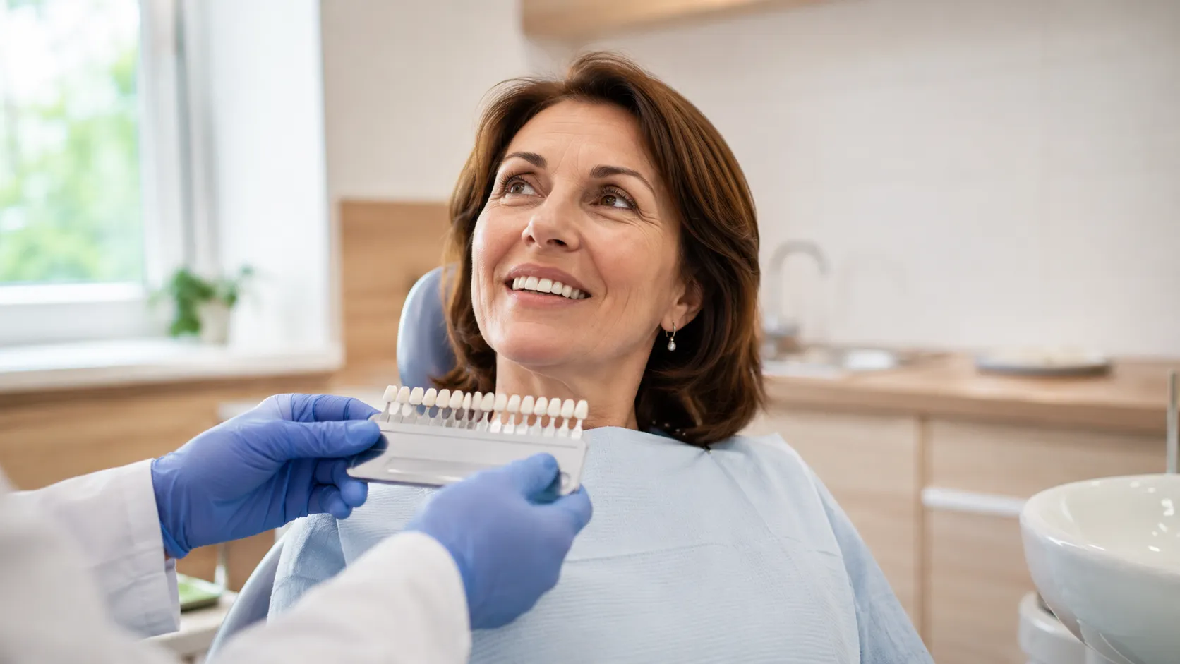 Dentist holding a tooth shade guide beside a smiling patient during a dental crown procedure