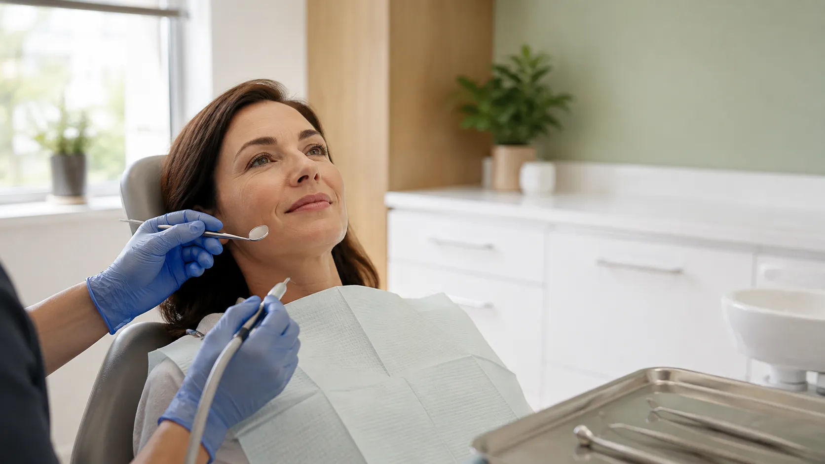 Patient in dental chair during a professional dental cleaning appointment